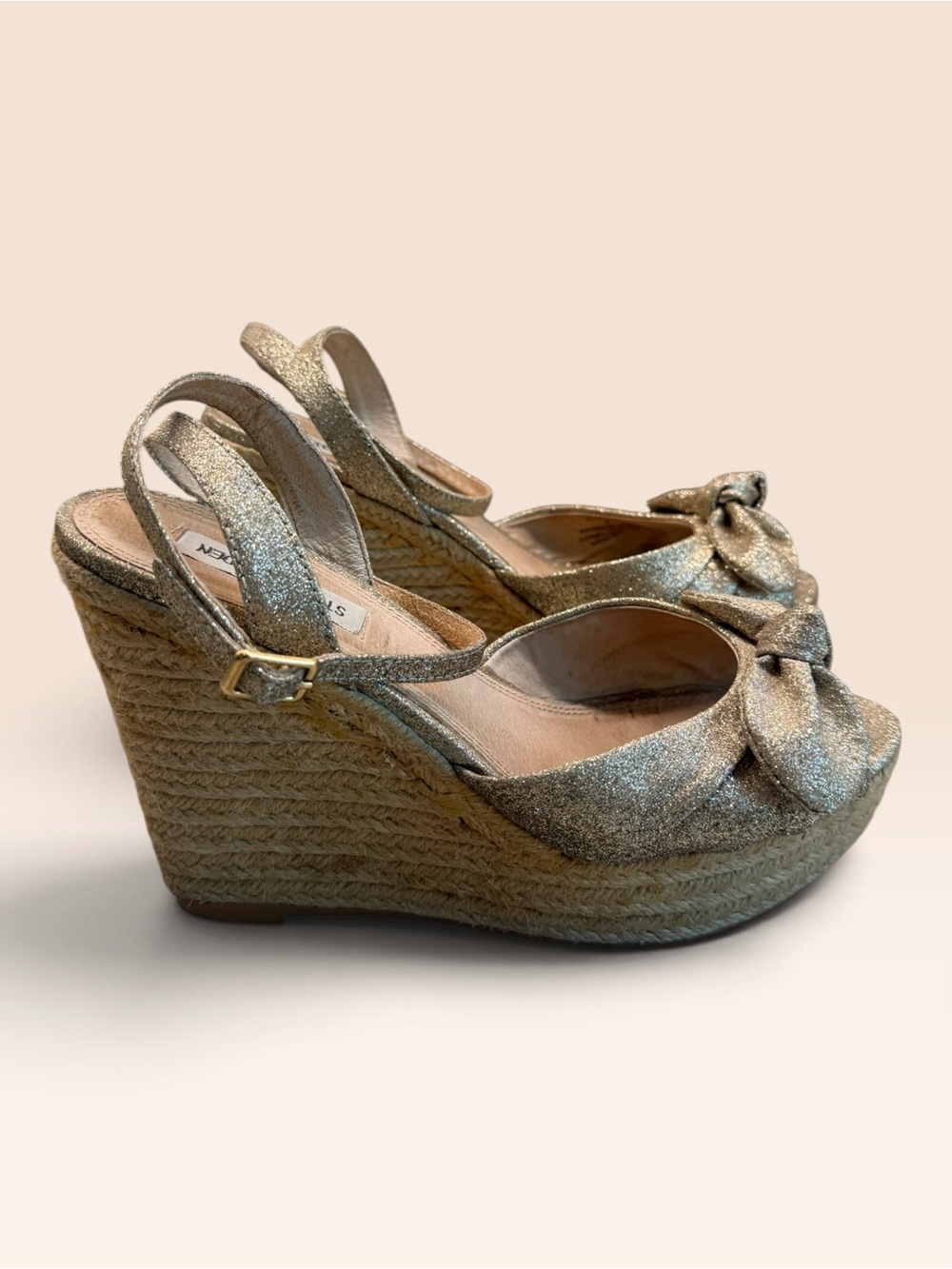 Steve Madden Glisen Women Gold Glitter Ankle Strap Wedge Sandals With Box Sz 8